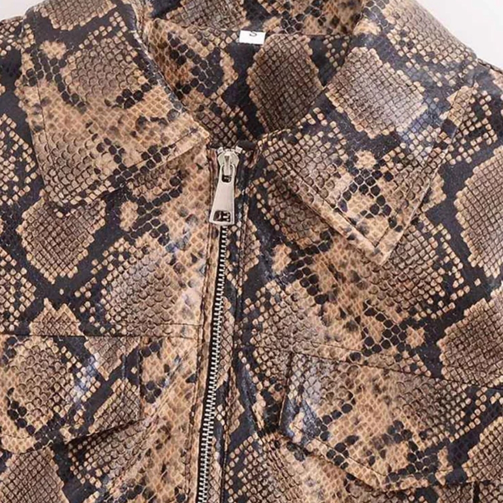 Fashion Snake Printed Short Jacket Women Lapel Zipper Long Sleeve - Picture 8 of 15